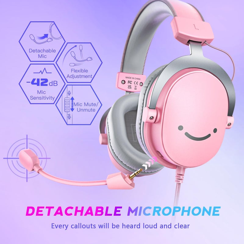 FIFINE USB Gaming Headset, PC Over-Ear Wired Streaming Headset with 3.5mm Jack, Detachable Microphone, 7.1 Surround Sound, Control Box, Passive Noise Cancellation, for PS5/Xbox/Switch-H9 Pink - Image 5